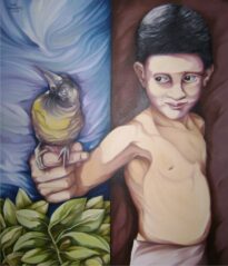 Menino e o passáro - Óleo sobre tale (2008)