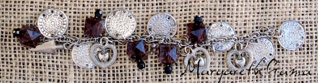 pulseira prata envelhecida pingentes contas cristal Ref.011